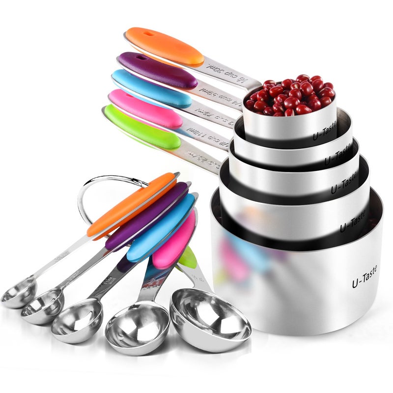 U-Taste Measuring Cups : U-Taste 18/8 Stainless Steel Measuring Cups and Spoons Set of 10 Piece, Upgraded Thickness Handle (Multicolors) - Image 1
